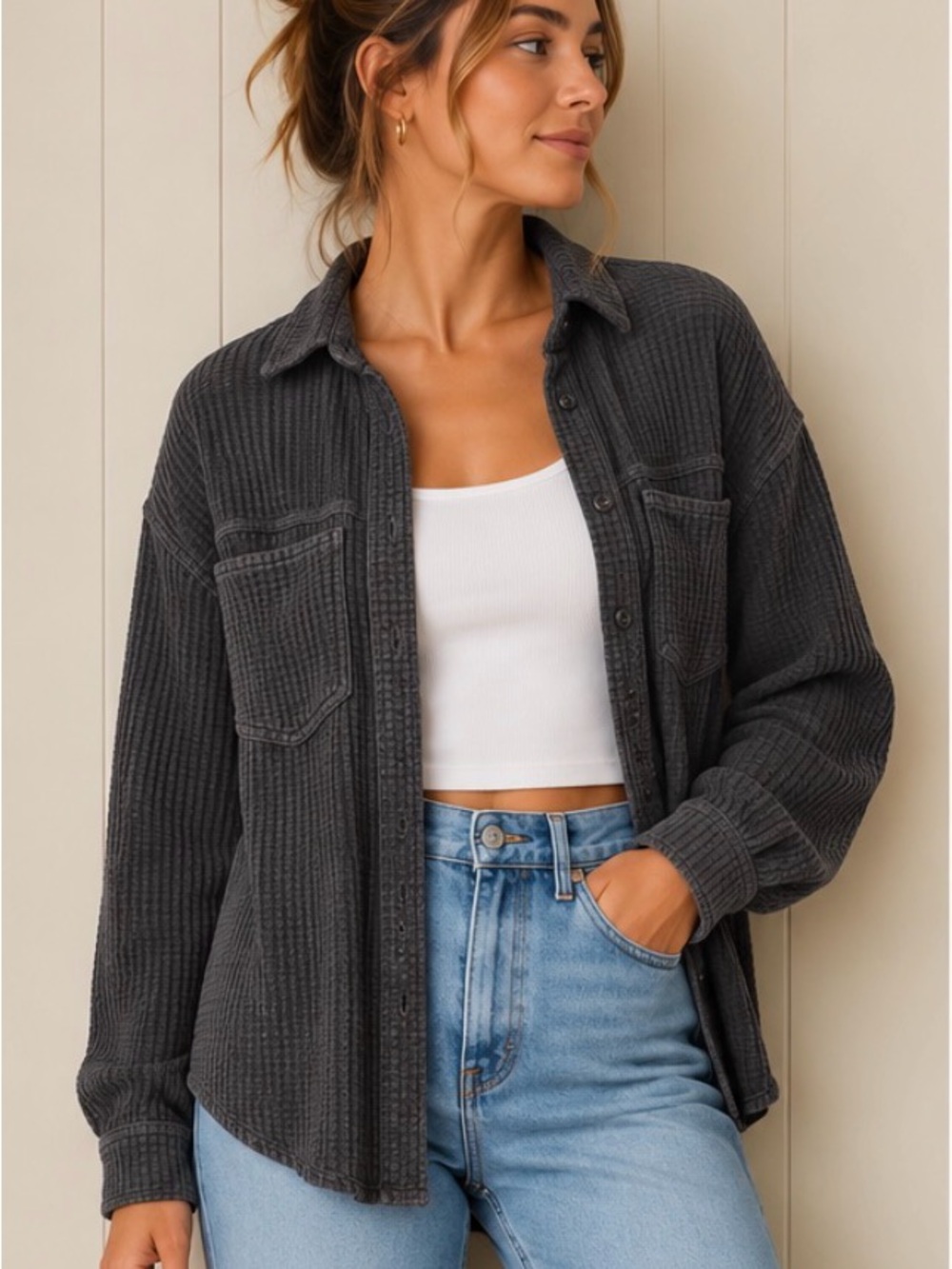aerie Lumber Jane Waffle Knit Shirt in Charcoal
